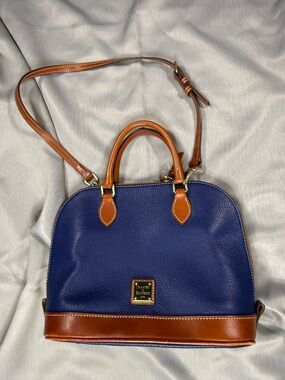 Dooney & Bourke Blue Pebble Leather Satchel with Brown Trim